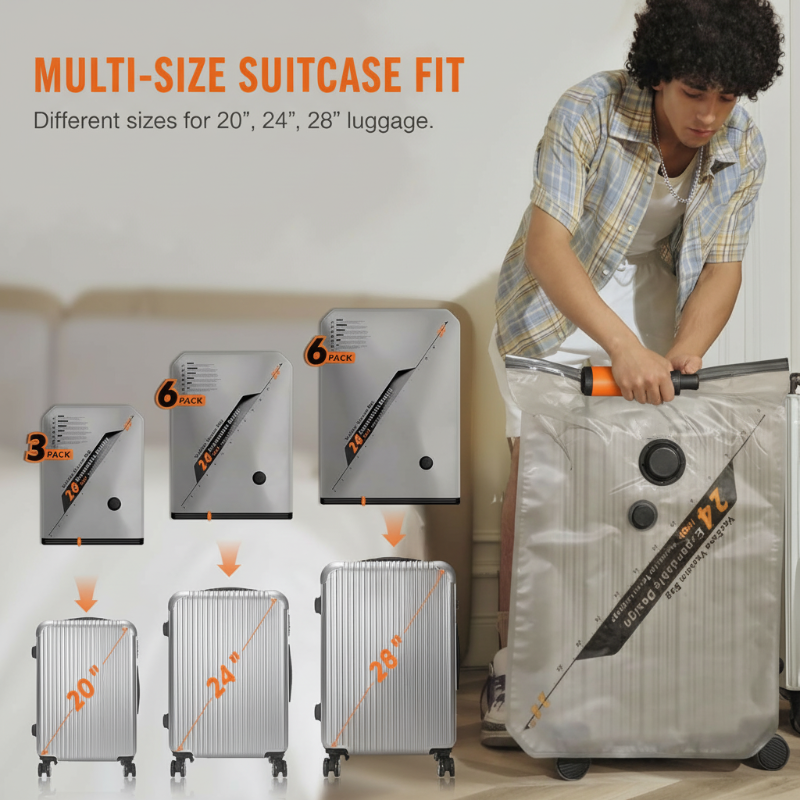 🎒 50% DE RÉDUCTION ⚡ Kit de compression sans fil portable – Pompe 4500 Pa & gain d’espace 75% – 3 tailles, rechargeable – parfait pour voyages, rangement ou literie 🧳