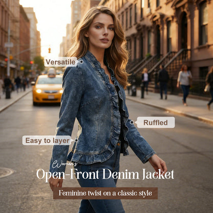 🌸Veste en Jean Femme ✅ Volants Élégants & Coupe Ouverte | Légère et Tendance 💙 -50% AUJOURD’HUI 🔥