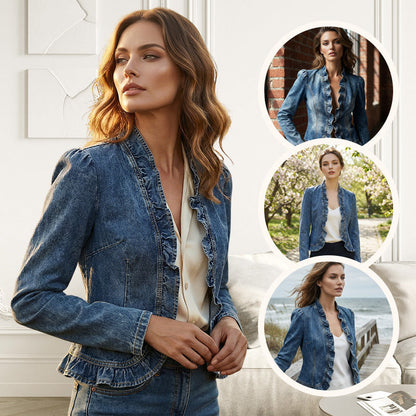 🌸Veste en Jean Femme ✅ Volants Élégants & Coupe Ouverte | Légère et Tendance 💙 -50% AUJOURD’HUI 🔥