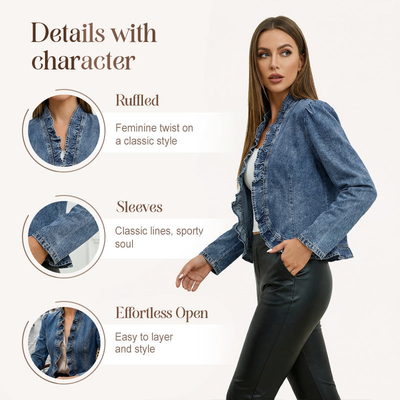 🌸Veste en Jean Femme ✅ Volants Élégants & Coupe Ouverte | Légère et Tendance 💙 -50% AUJOURD’HUI 🔥