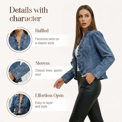 🌸Veste en Jean Femme ✅ Volants Élégants & Coupe Ouverte | Légère et Tendance 💙 -50% AUJOURD’HUI 🔥