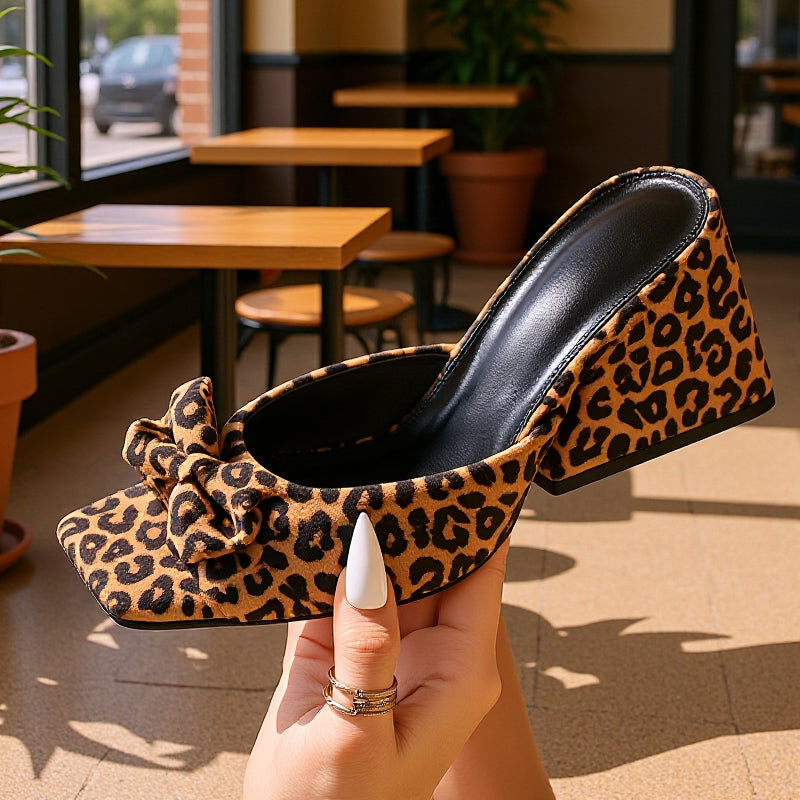 Sandales à talons et à enfiler léopard à bout carré