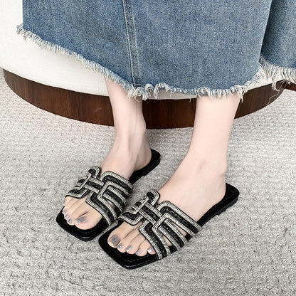 🎇👡Dernier jour Promotion 55%👡🎇Claquettes plates à bout carré et strass géométriques pour femmes