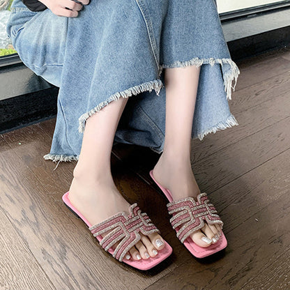 🎇👡Dernier jour Promotion 55%👡🎇Claquettes plates à bout carré et strass géométriques pour femmes