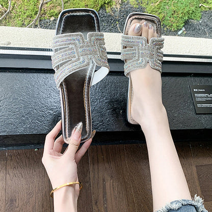 🎇👡Dernier jour Promotion 55%👡🎇Claquettes plates à bout carré et strass géométriques pour femmes