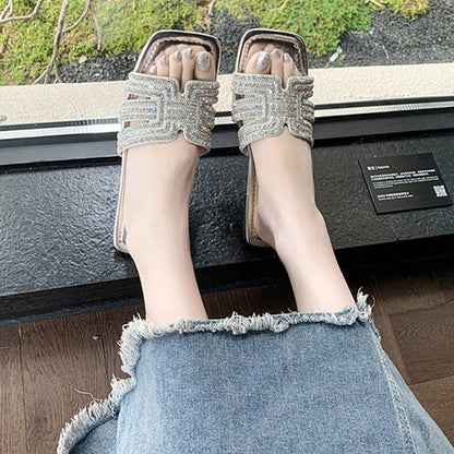 🎇👡Dernier jour Promotion 55%👡🎇Claquettes plates à bout carré et strass géométriques pour femmes