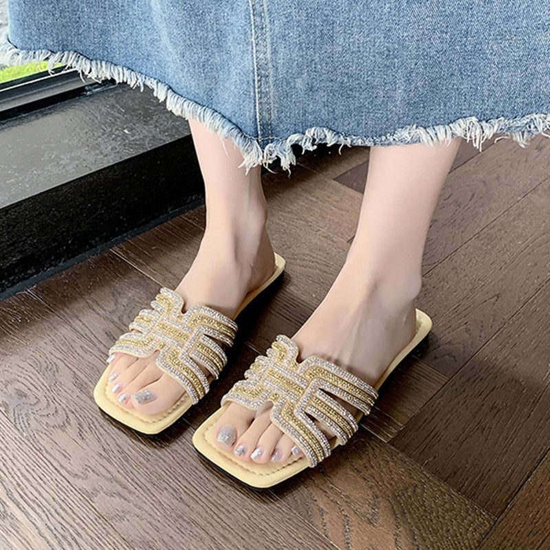 🎇👡Dernier jour Promotion 55%👡🎇Claquettes plates à bout carré et strass géométriques pour femmes