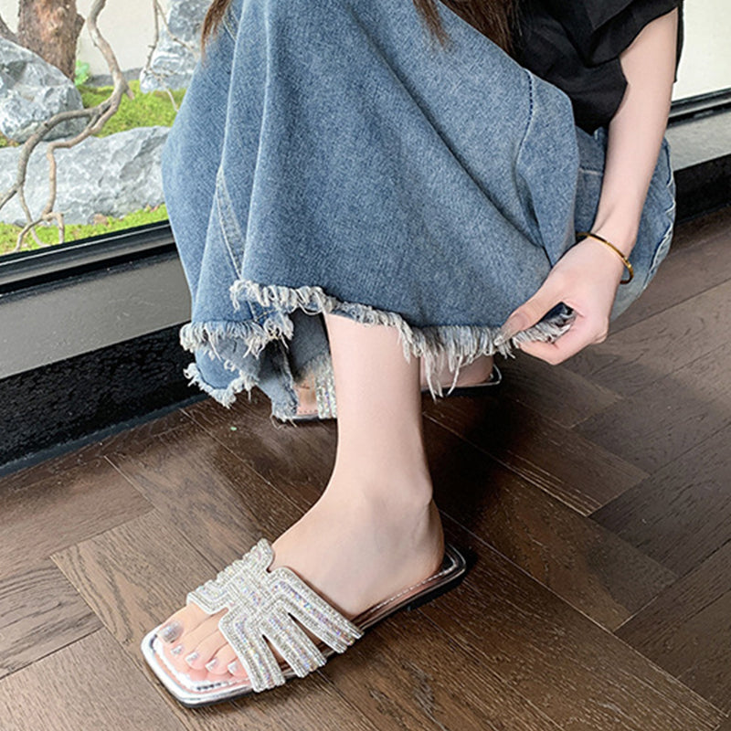 🎇👡Dernier jour Promotion 55%👡🎇Claquettes plates à bout carré et strass géométriques pour femmes