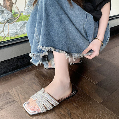 🎇👡Dernier jour Promotion 55%👡🎇Claquettes plates à bout carré et strass géométriques pour femmes