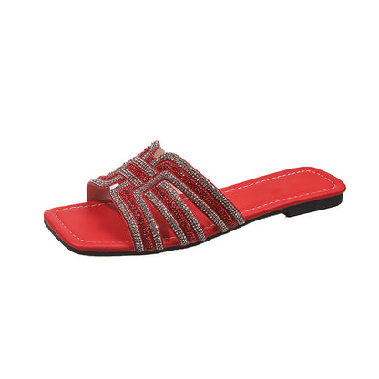 🎇👡Dernier jour Promotion 55%👡🎇Claquettes plates à bout carré et strass géométriques pour femmes