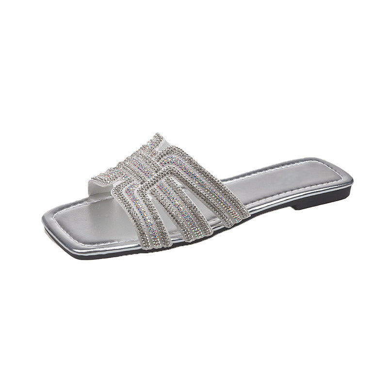 🎇👡Dernier jour Promotion 55%👡🎇Claquettes plates à bout carré et strass géométriques pour femmes