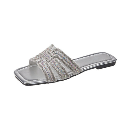 🎇👡Dernier jour Promotion 55%👡🎇Claquettes plates à bout carré et strass géométriques pour femmes