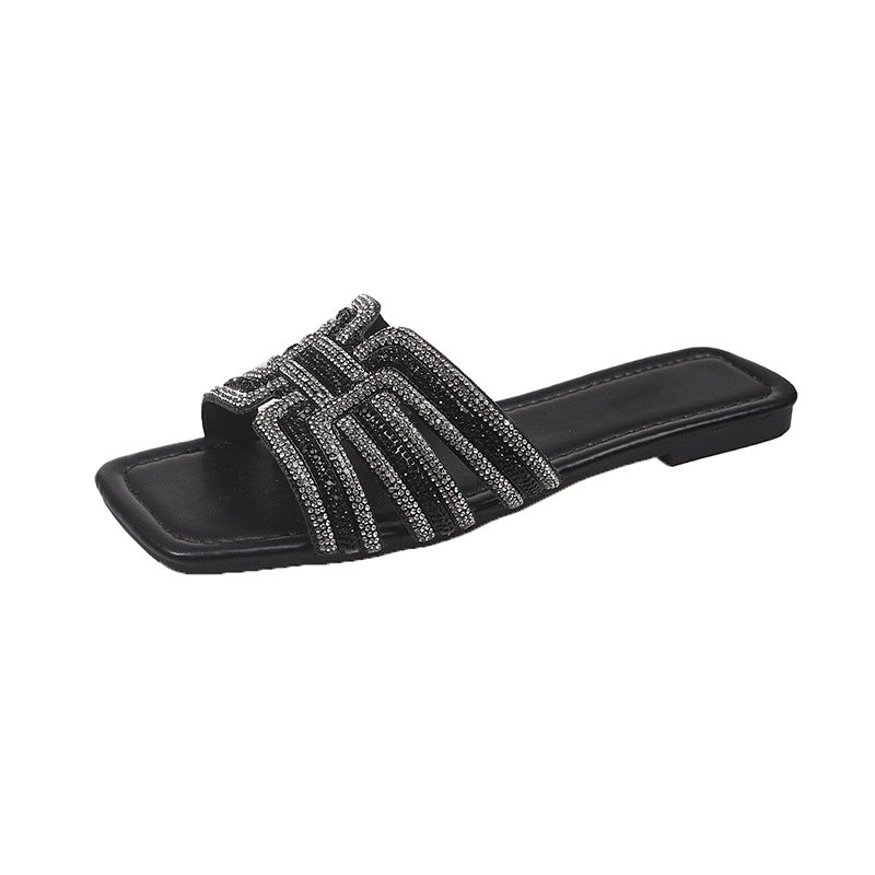 🎇👡Dernier jour Promotion 55%👡🎇Claquettes plates à bout carré et strass géométriques pour femmes