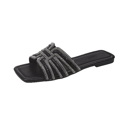 🎇👡Dernier jour Promotion 55%👡🎇Claquettes plates à bout carré et strass géométriques pour femmes