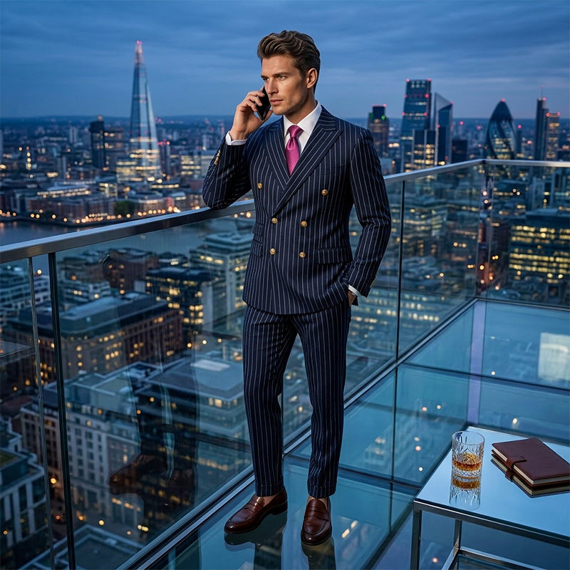 👔👖50 % de réduction + livraison gratuite🔥Offre à durée limitée - Ensemble costume à double boutonnage à fines rayures pour homme