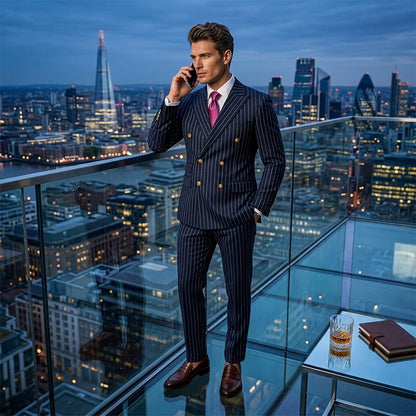 👔👖50 % de réduction + livraison gratuite🔥Offre à durée limitée - Ensemble costume à double boutonnage à fines rayures pour homme
