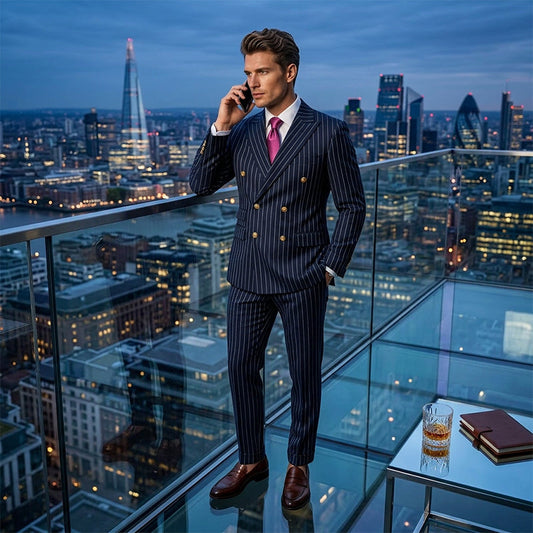 👔👖50 % de réduction + livraison gratuite🔥Offre à durée limitée - Ensemble costume à double boutonnage à fines rayures pour homme