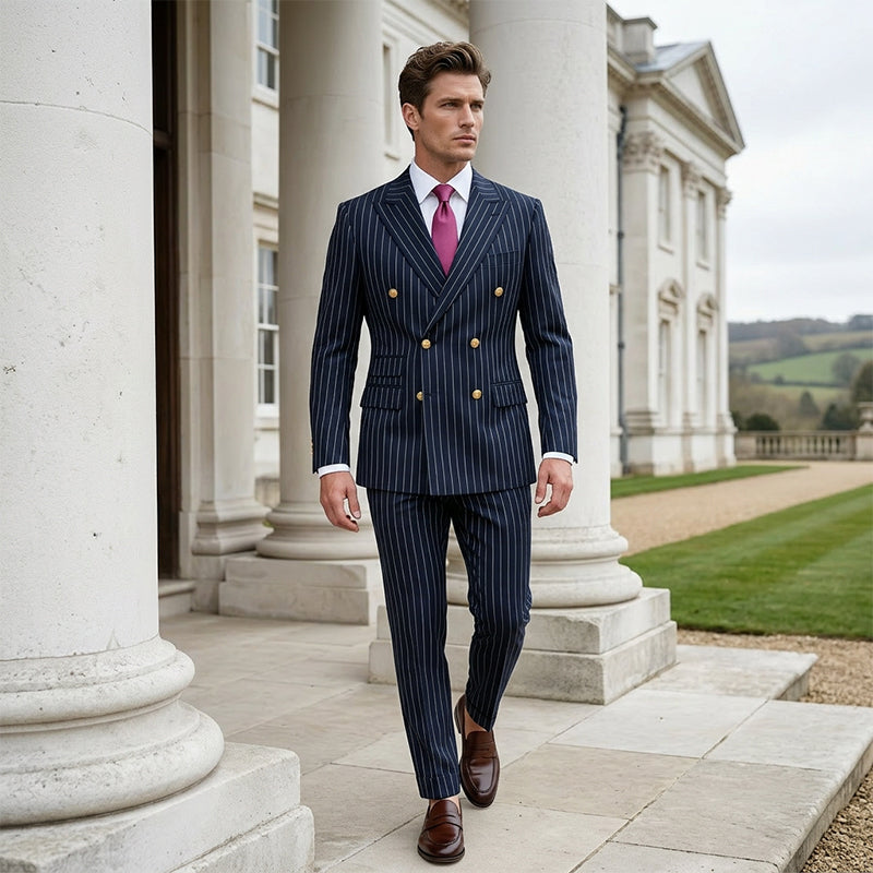 👔👖50 % de réduction + livraison gratuite🔥Offre à durée limitée - Ensemble costume à double boutonnage à fines rayures pour homme