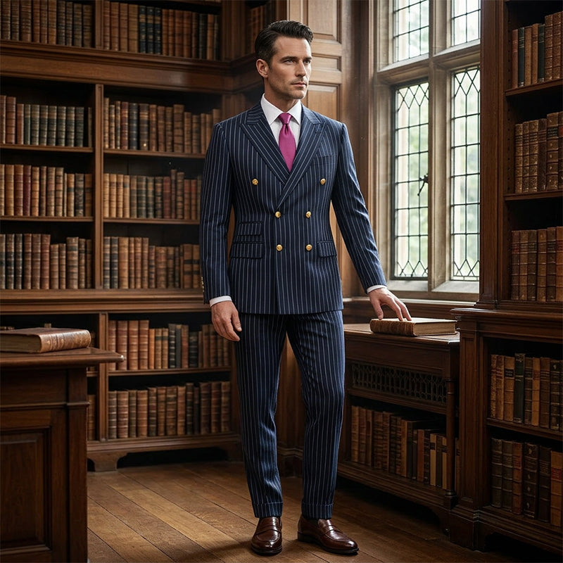 👔👖50 % de réduction + livraison gratuite🔥Offre à durée limitée - Ensemble costume à double boutonnage à fines rayures pour homme