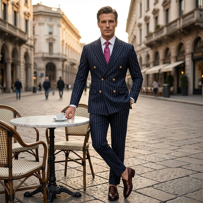 👔👖50 % de réduction + livraison gratuite🔥Offre à durée limitée - Ensemble costume à double boutonnage à fines rayures pour homme