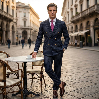 👔👖50 % de réduction + livraison gratuite🔥Offre à durée limitée - Ensemble costume à double boutonnage à fines rayures pour homme
