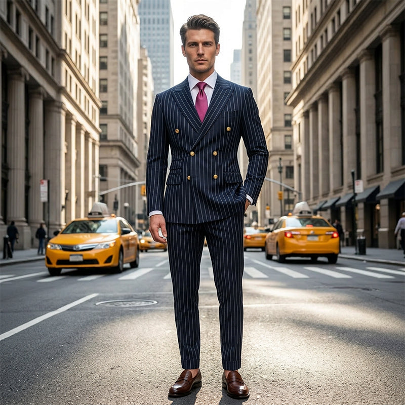 👔👖50 % de réduction + livraison gratuite🔥Offre à durée limitée - Ensemble costume à double boutonnage à fines rayures pour homme