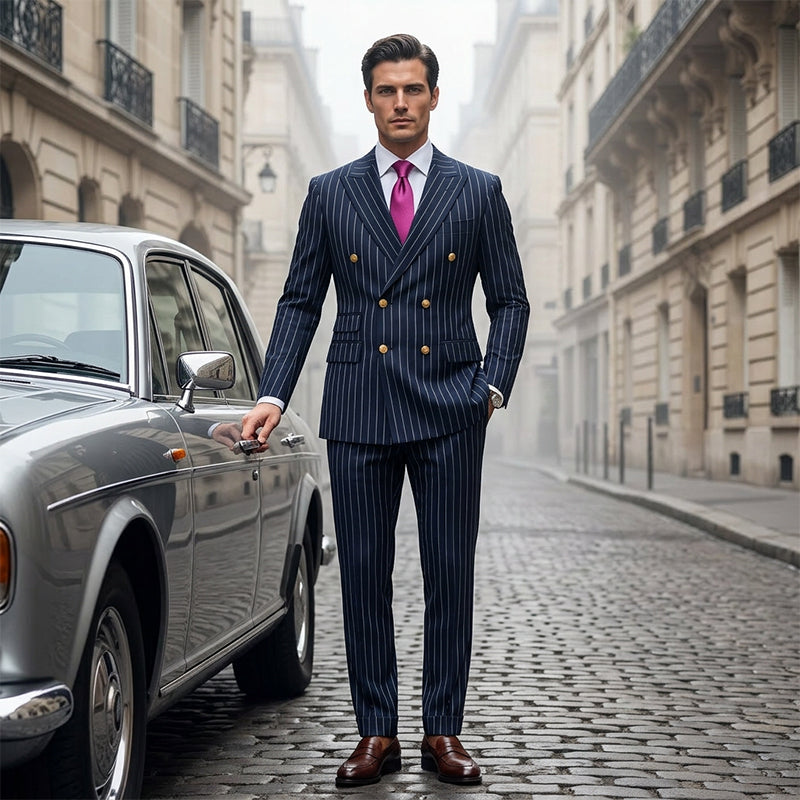 👔👖50 % de réduction + livraison gratuite🔥Offre à durée limitée - Ensemble costume à double boutonnage à fines rayures pour homme