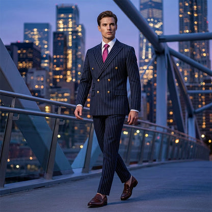 👔👖50 % de réduction + livraison gratuite🔥Offre à durée limitée - Ensemble costume à double boutonnage à fines rayures pour homme