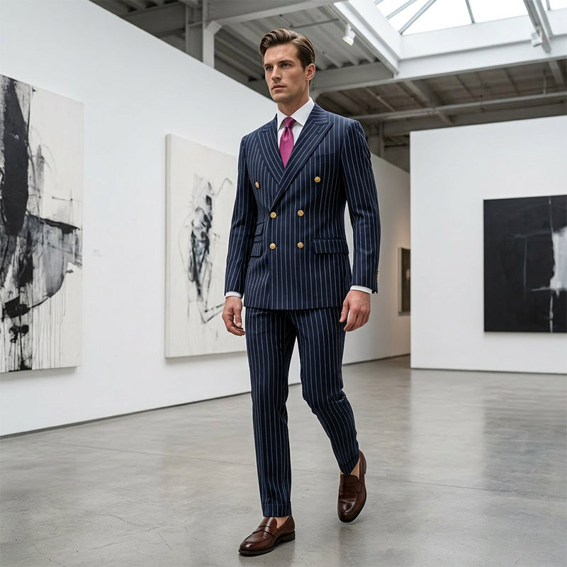 👔👖50 % de réduction + livraison gratuite🔥Offre à durée limitée - Ensemble costume à double boutonnage à fines rayures pour homme