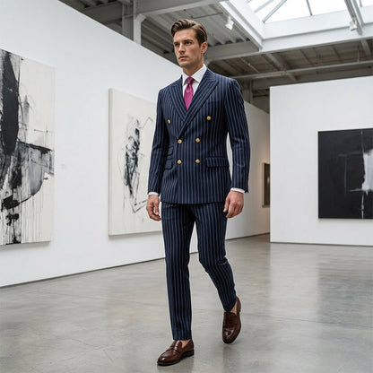 👔👖50 % de réduction + livraison gratuite🔥Offre à durée limitée - Ensemble costume à double boutonnage à fines rayures pour homme