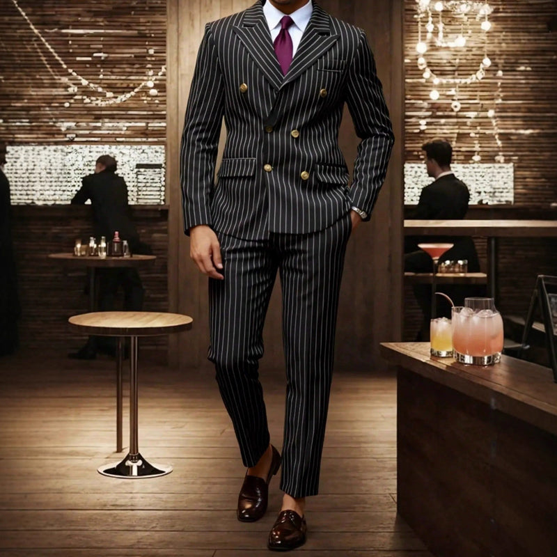 👔👖50 % de réduction + livraison gratuite🔥Offre à durée limitée - Ensemble costume à double boutonnage à fines rayures pour homme
