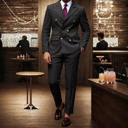 👔👖50 % de réduction + livraison gratuite🔥Offre à durée limitée - Ensemble costume à double boutonnage à fines rayures pour homme