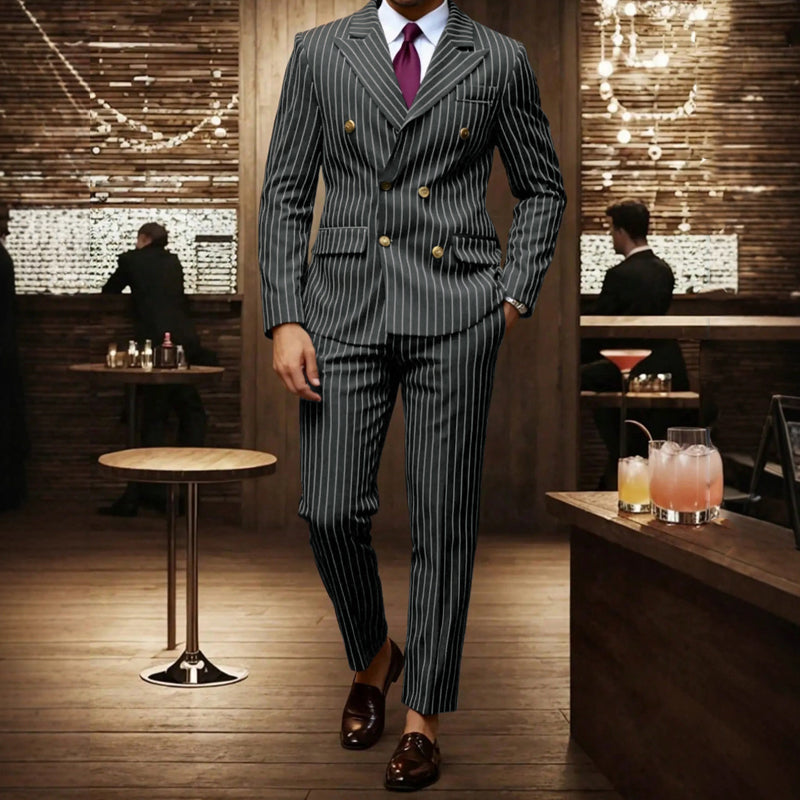 👔👖50 % de réduction + livraison gratuite🔥Offre à durée limitée - Ensemble costume à double boutonnage à fines rayures pour homme