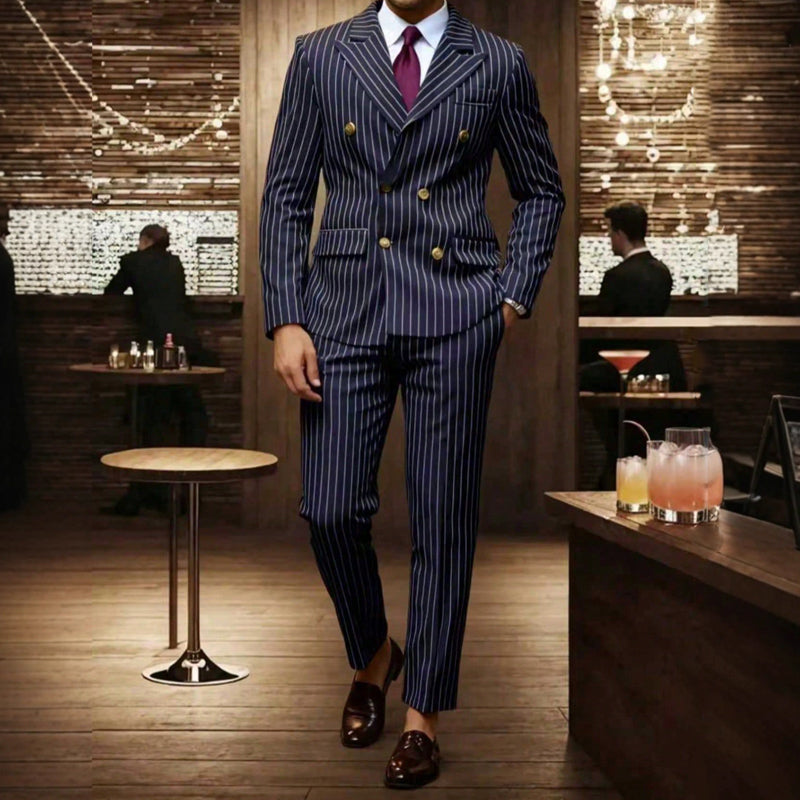 👔👖50 % de réduction + livraison gratuite🔥Offre à durée limitée - Ensemble costume à double boutonnage à fines rayures pour homme
