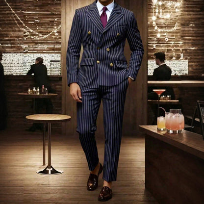👔👖50 % de réduction + livraison gratuite🔥Offre à durée limitée - Ensemble costume à double boutonnage à fines rayures pour homme