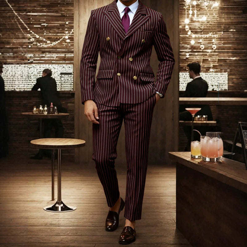 👔👖50 % de réduction + livraison gratuite🔥Offre à durée limitée - Ensemble costume à double boutonnage à fines rayures pour homme