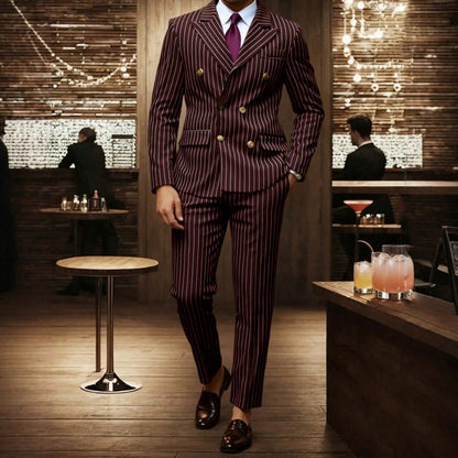 👔👖50 % de réduction + livraison gratuite🔥Offre à durée limitée - Ensemble costume à double boutonnage à fines rayures pour homme