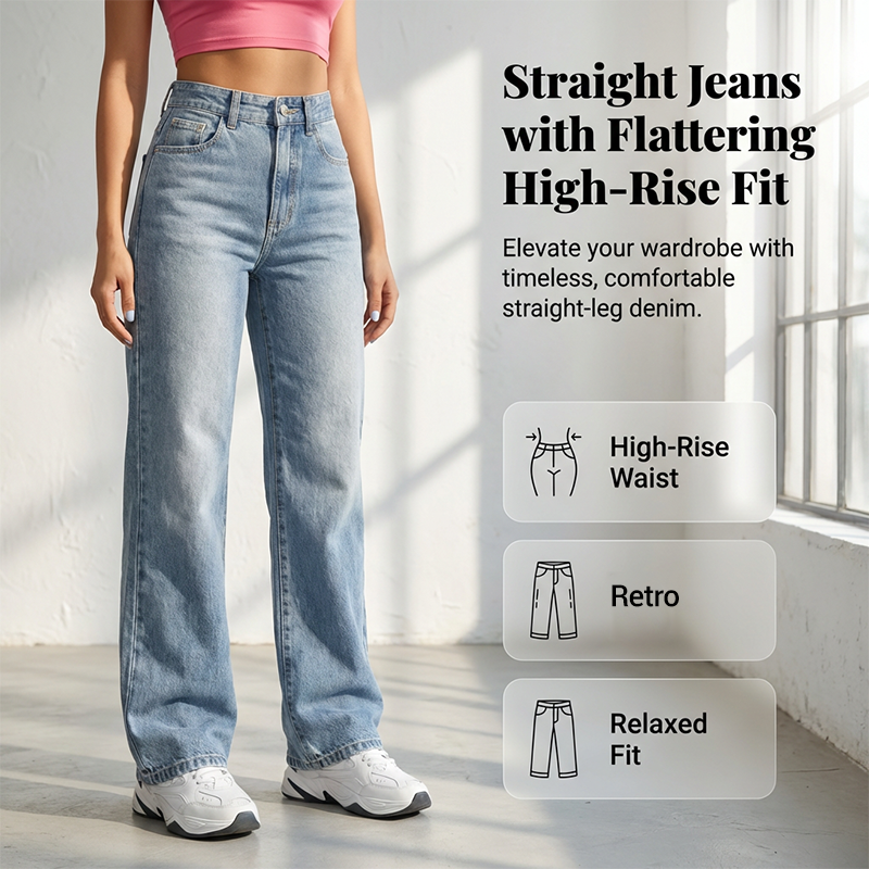 👖 56 % de réduction 🍂Jean pour femme à taille haute et coupe droite