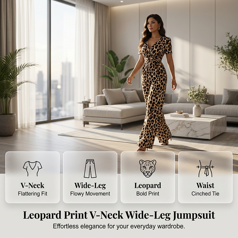 🎁Nouveauté : 56 % de réduction 💥 Combinaison à col en V et jambes larges, imprimé léopard