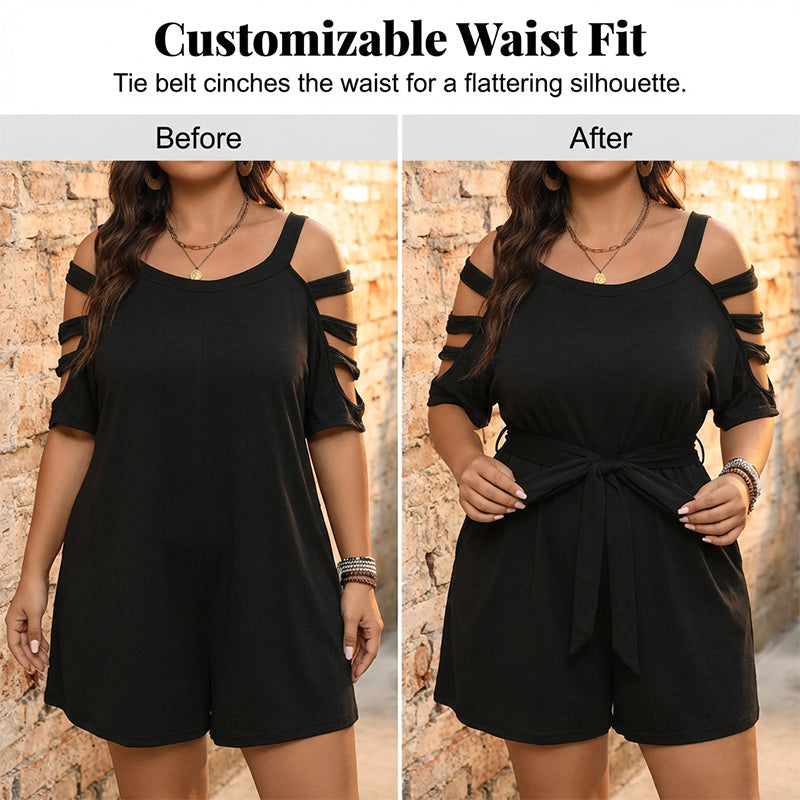 👗49% de réduction✨ Combinaison-short décontractée à épaules dénudées pour femme avec ceinture à nouer