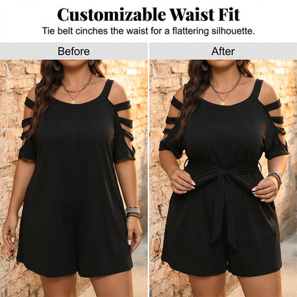 👗49% de réduction✨ Combinaison-short décontractée à épaules dénudées pour femme avec ceinture à nouer