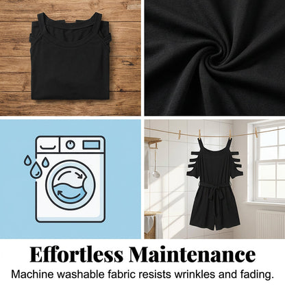 👗49% de réduction✨ Combinaison-short décontractée à épaules dénudées pour femme avec ceinture à nouer