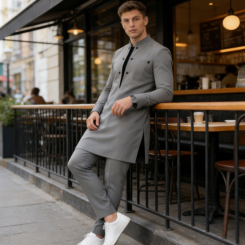 👔 50 % de réduction + livraison gratuite 🔥 Ensemble tunique pour homme - col montant, double boutonnage et respirant (S-5XL) pour une apparence élégante 🎩