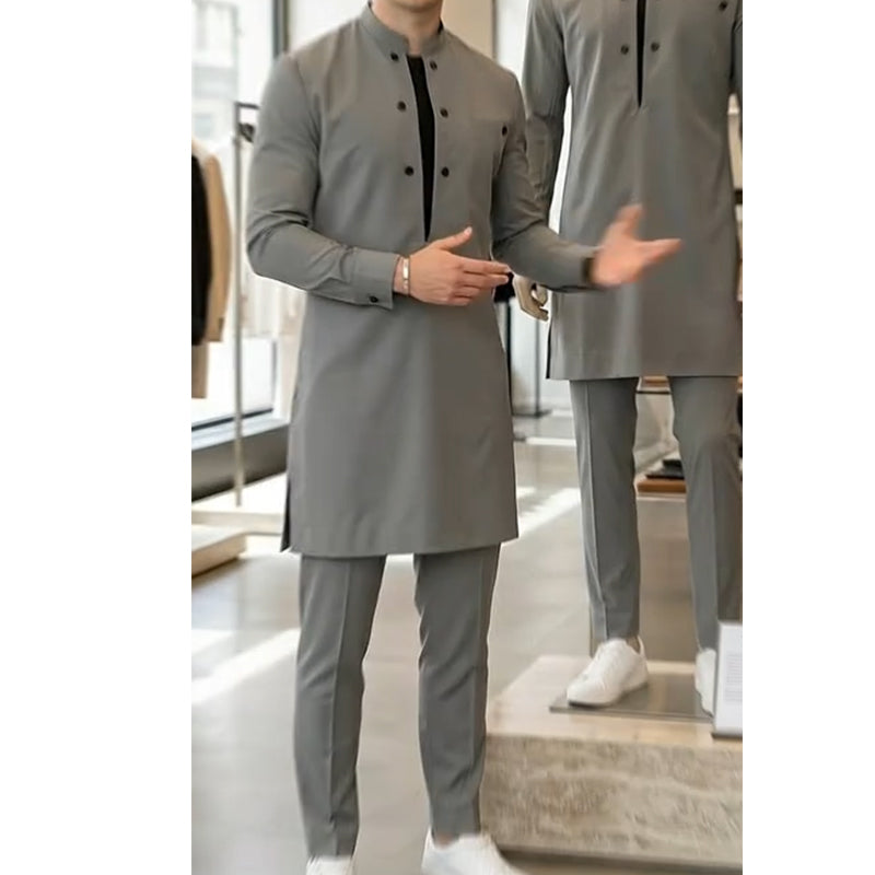 👔 50 % de réduction + livraison gratuite 🔥 Ensemble tunique pour homme - col montant, double boutonnage et respirant (S-5XL) pour une apparence élégante 🎩
