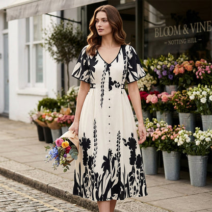 👗 58% de réduction✨Robe midi élégante à col en V et imprimé botanique🍂