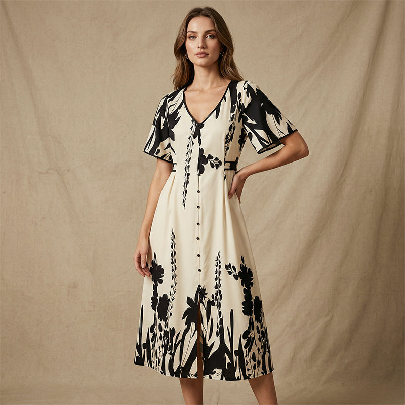 👗 58% de réduction✨Robe midi élégante à col en V et imprimé botanique🍂