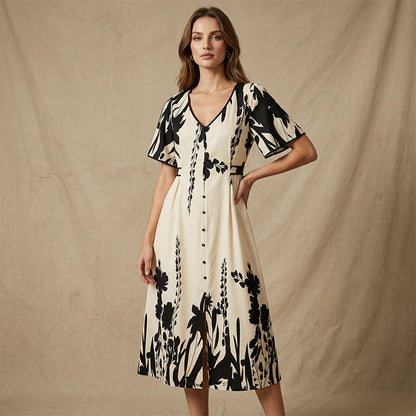 👗 58% de réduction✨Robe midi élégante à col en V et imprimé botanique🍂