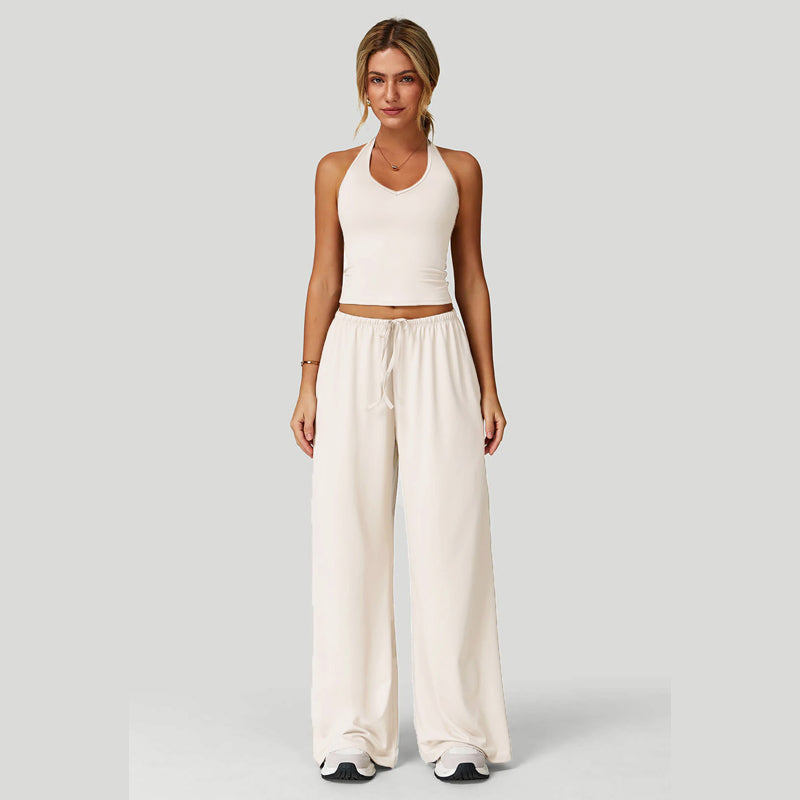 🌺50 % de réduction + livraison gratuite🎀 Ensemble haut court dos nu et pantalon large pour femme