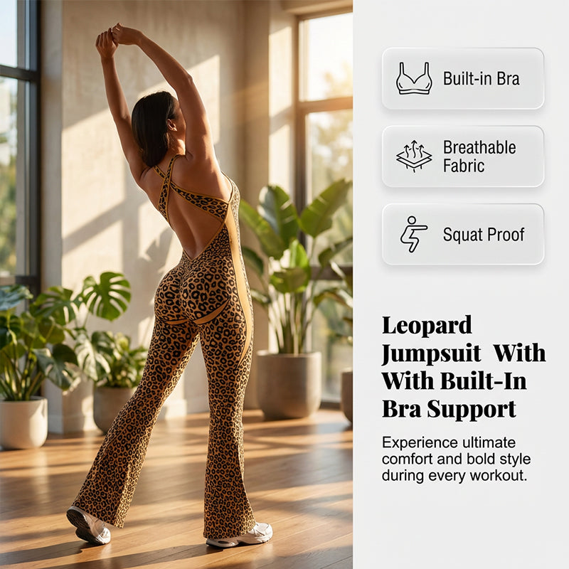 🔥Nouveauté 2026🔥Combinaison de sport pour femme à imprimé léopard avec soutien-gorge intégré