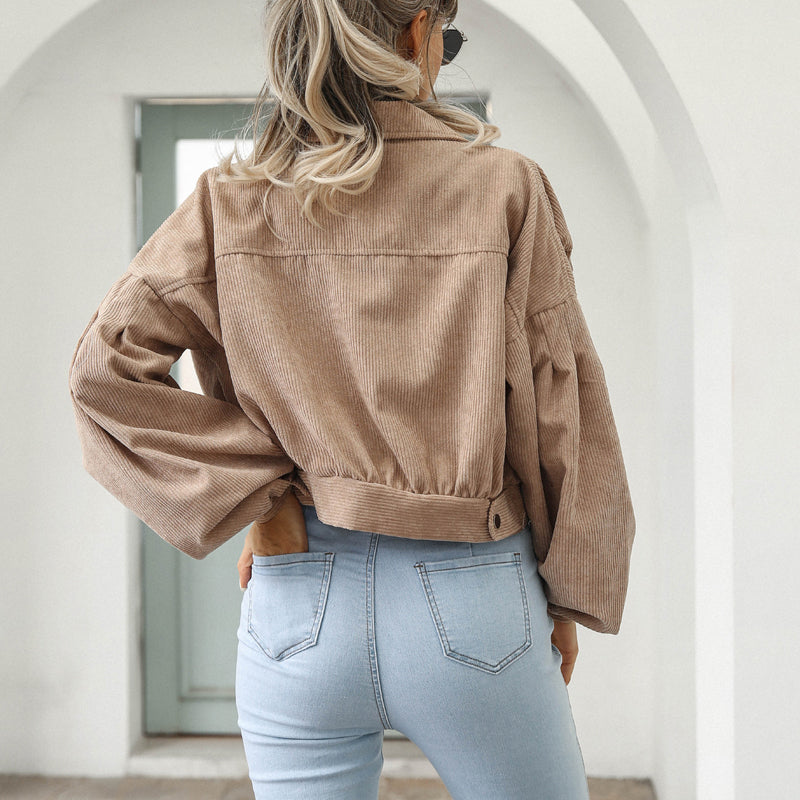 🧥 50% DE RÉDUCTION! ✨ Veste Courte en Velours Côtelé à Manches Ballon pour Femme – Élégante, Douce & Parfaite Pour La Mi-Saison 🌸